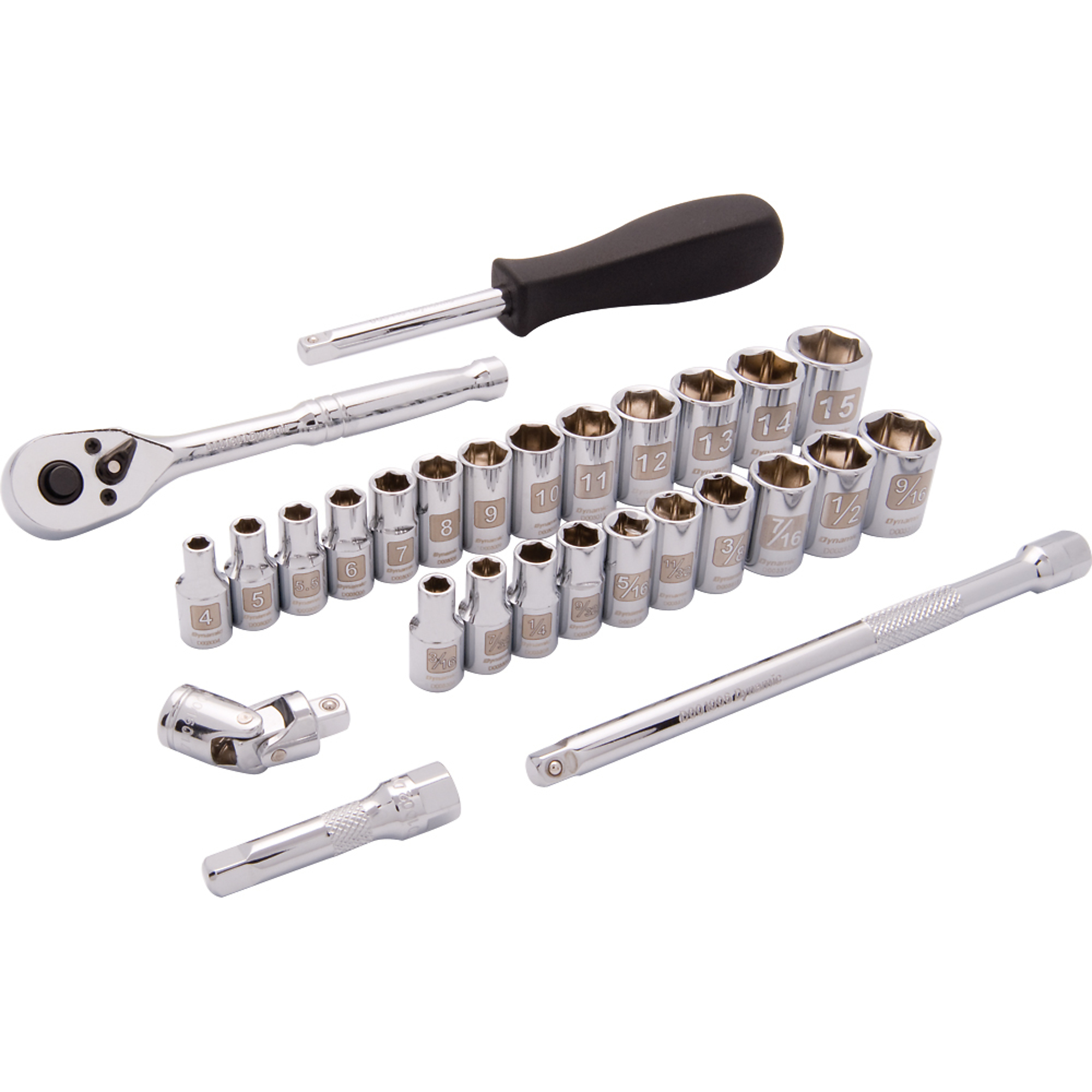 Dynamic Tools, 1/4in. 6 Point SAE/Metric Standard Socket Set, Measurement Standard Standard (SAE)/Metric, Pieces (qty.) 28 Socket Set Type 1/4in. Drive Sets, Model# D004004